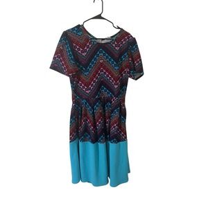LuLaRoe Amelia  XL Blue Chevron Pink Aztec Southwest Feminine Dress Pockets‎
